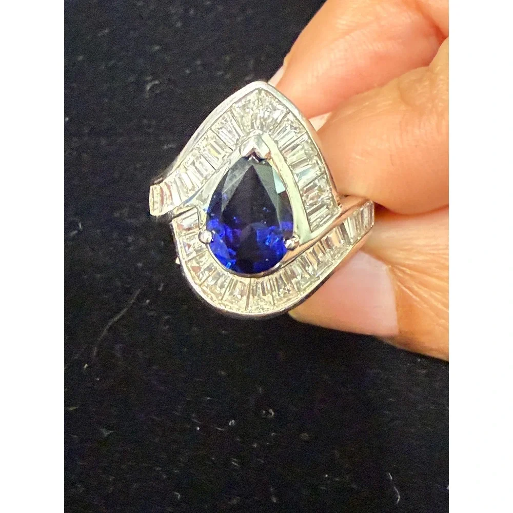 DQ CZ Sterling Silver 925 Blue Pear Sapphire Baguette Cubic Zirconia Bypass Ring